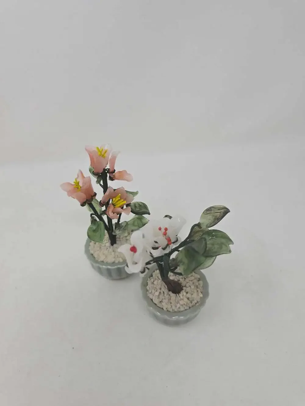 Vintage 80s Chinese Bonsai Tree Glass Wire Flowers Green Celadon Planter Pot